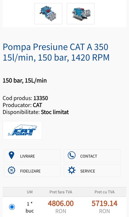 Pompă spălătorie CAT 350 presiune 150 bari 15liti minut