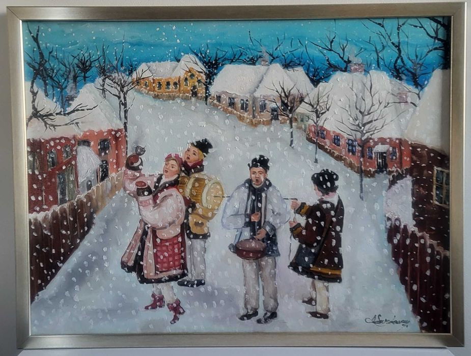 Tablou nou, pictura in ulei -Traditii de iarna- pictor roman consacrat