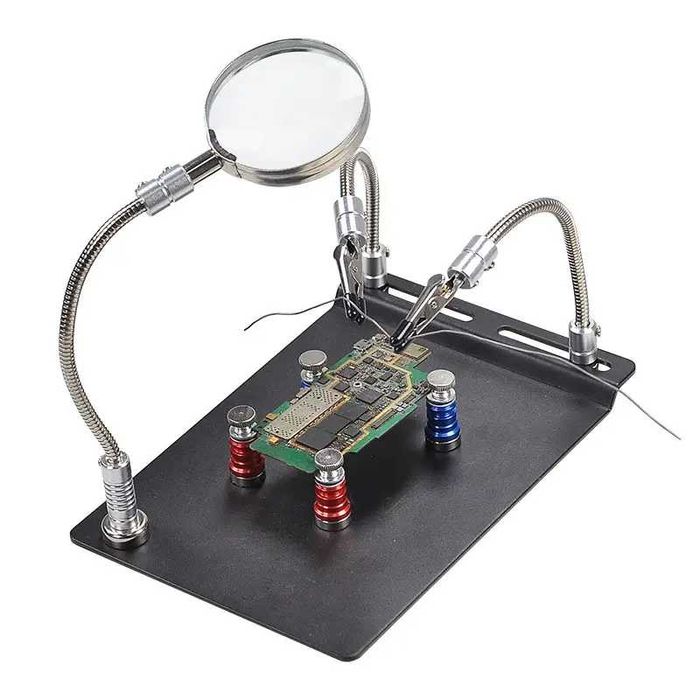 Държач за платки TE-804 със гъвкави крачета, магнитни скоби, лупа