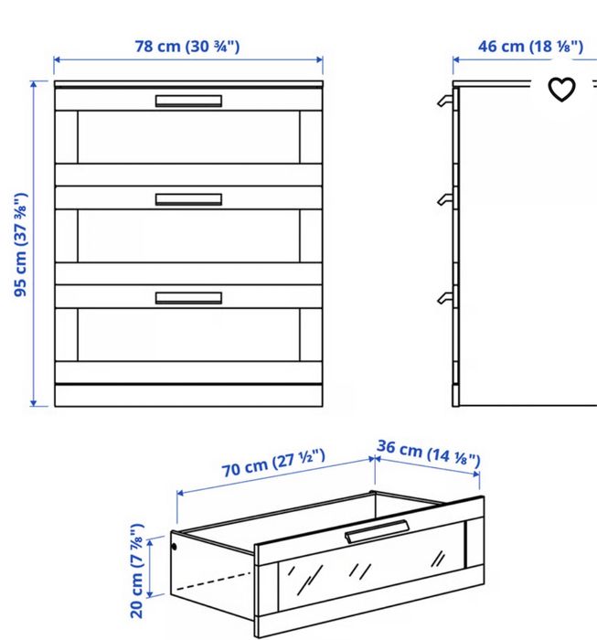 Comodă Brimnes 3 sertare, alb/sticlă mată, 78x95 cm IKEA