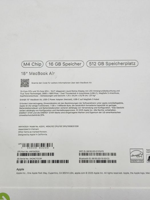 MacBook Air 15/ M4, 15.3"/ 16GB RAM/ 512 SSD/ Garantie/ Sigilat