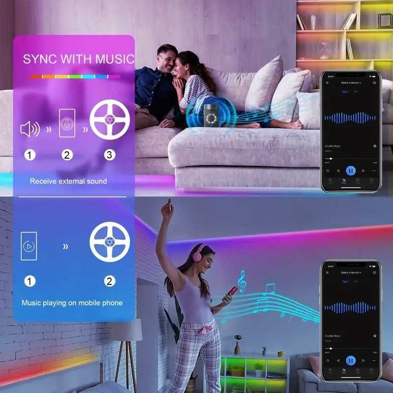 5м LED Лента RGB-IC Bluetooth, Цветомузика Преливащи Цветове Mic, APP