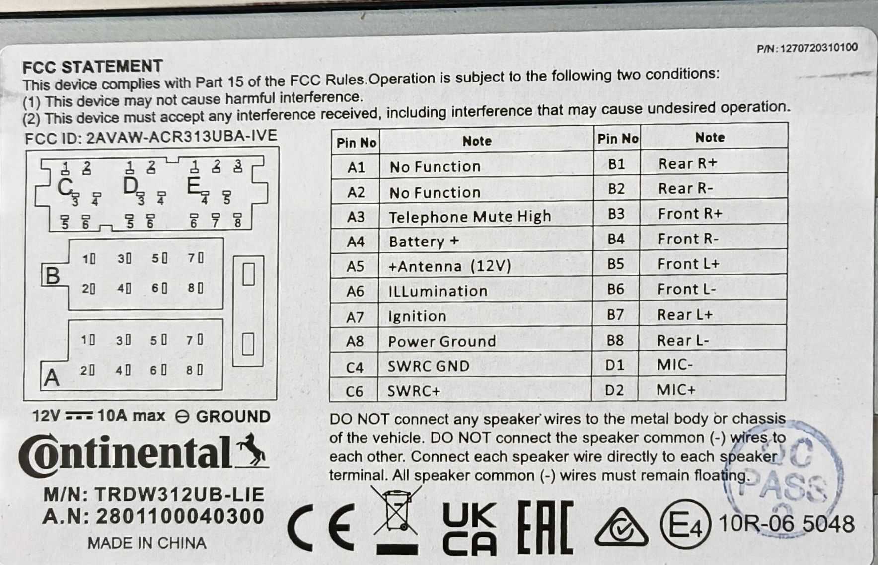 Continental Player Auto TRDW312UB