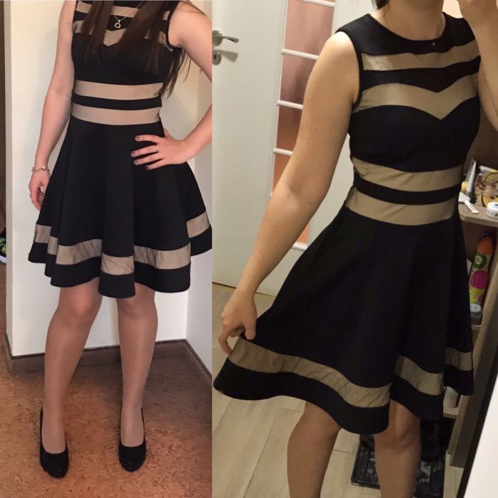 Рокля с неопренов плат и мрежа с шампанско цвят