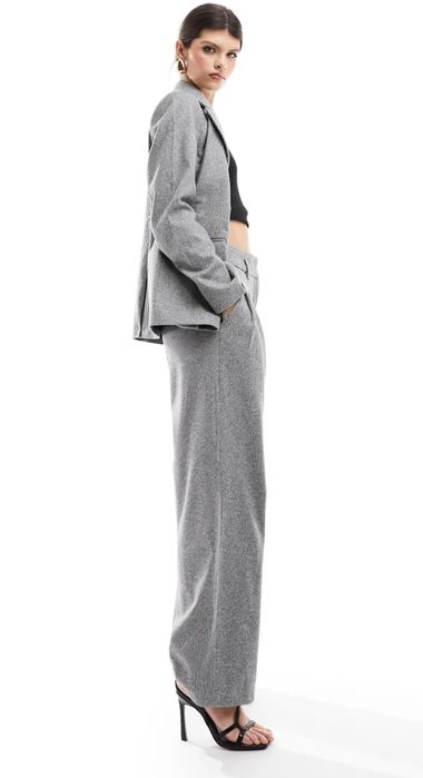 Сив панталон S/M/36 елегантен зимен басти висока талия широк прав ръб