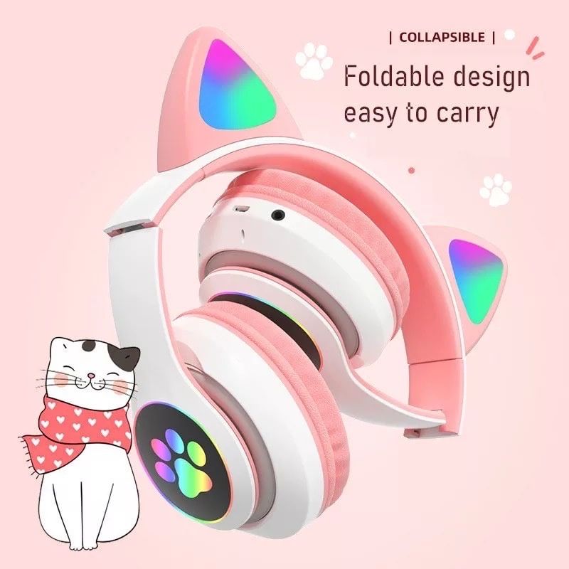 Безжични розови слушалки с котешки уши със Led светлини/Слушалки коте/