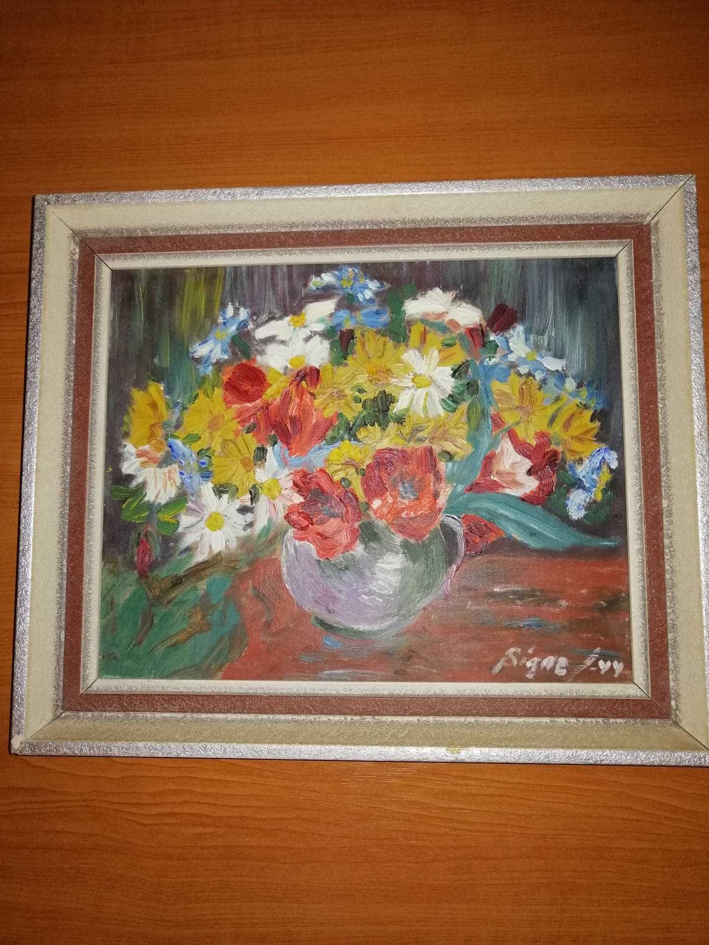 Tablou pictura ulei pe placaj flori colorate 1944 semnata Suedia