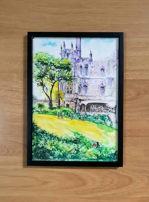Tablou pictura acuarela A4 peisaj urban Sintra Lisabona Portugalia