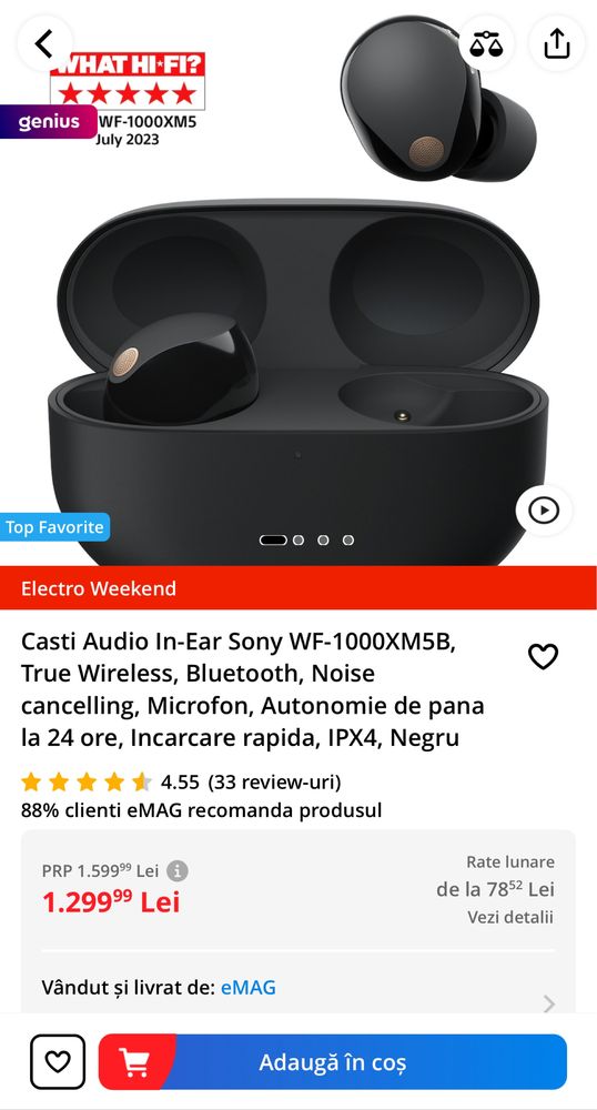 Casti Audio In-Ear Sony WF-1000XM5 True Wireless Bluetooth Negru Noi