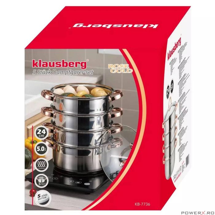 Oala pentru fiert la abur, 5 elemente, cu manere roze, 24cm, 5.0L,