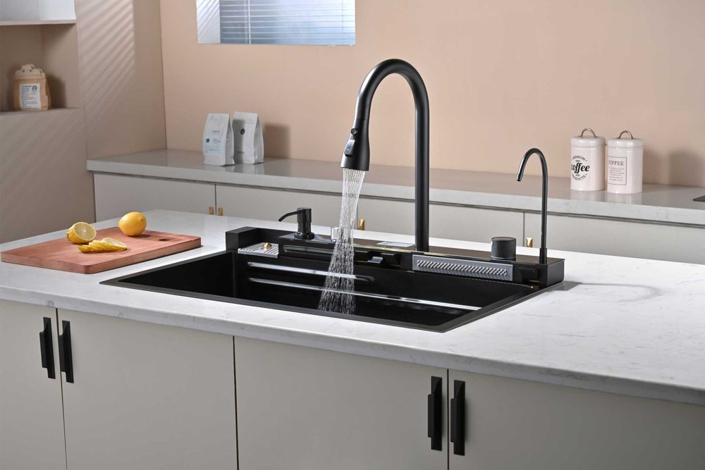 Черна мултифункционална кухненска мивка с двоен водопад