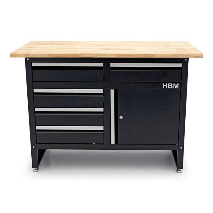 Banc de lucru metalic 120 cm cu 5 sertare 1 usa si blat din lemn masiv