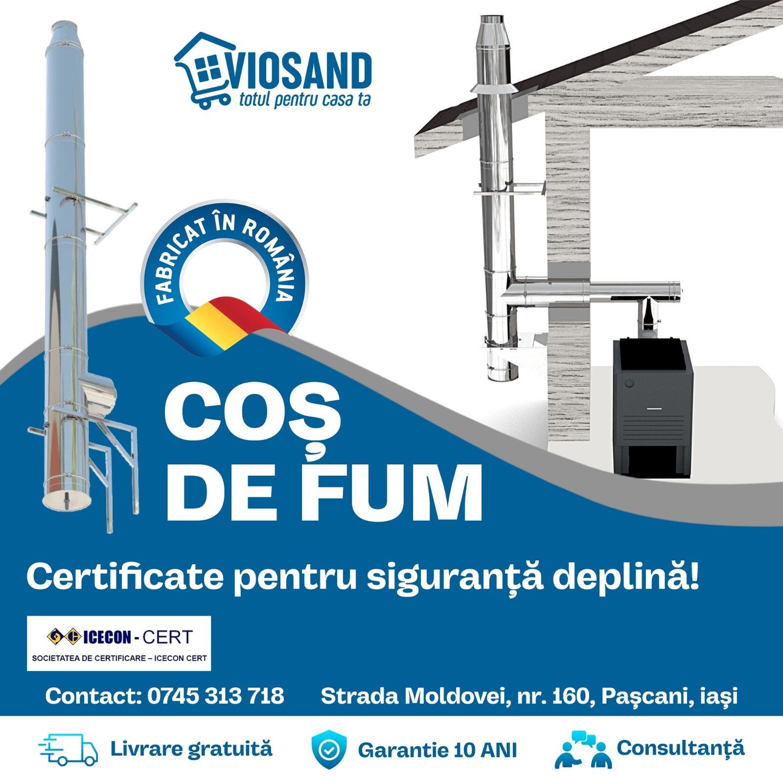 Sistem cos fum inox izolat 50mm, diam int 200 mm , ext 300 mm, H=6M -