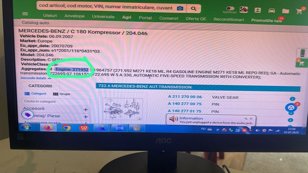 Motor 1,8 kompresor defect complet, mercedes W204. Cod mortor271952