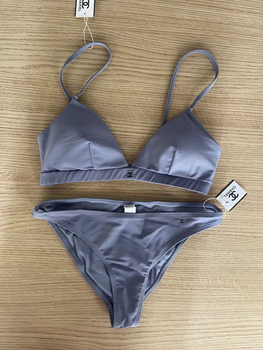 сив лилав бански Шанел триъгълници половинки сет комплект Chanel топ