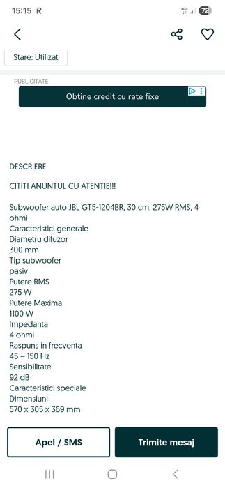 Stație+subwoofer auto Jbl gt series