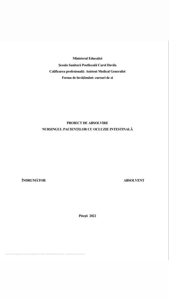 Proiect de absolvire Nursingul Pacientului cu Ocluzie Intestinală