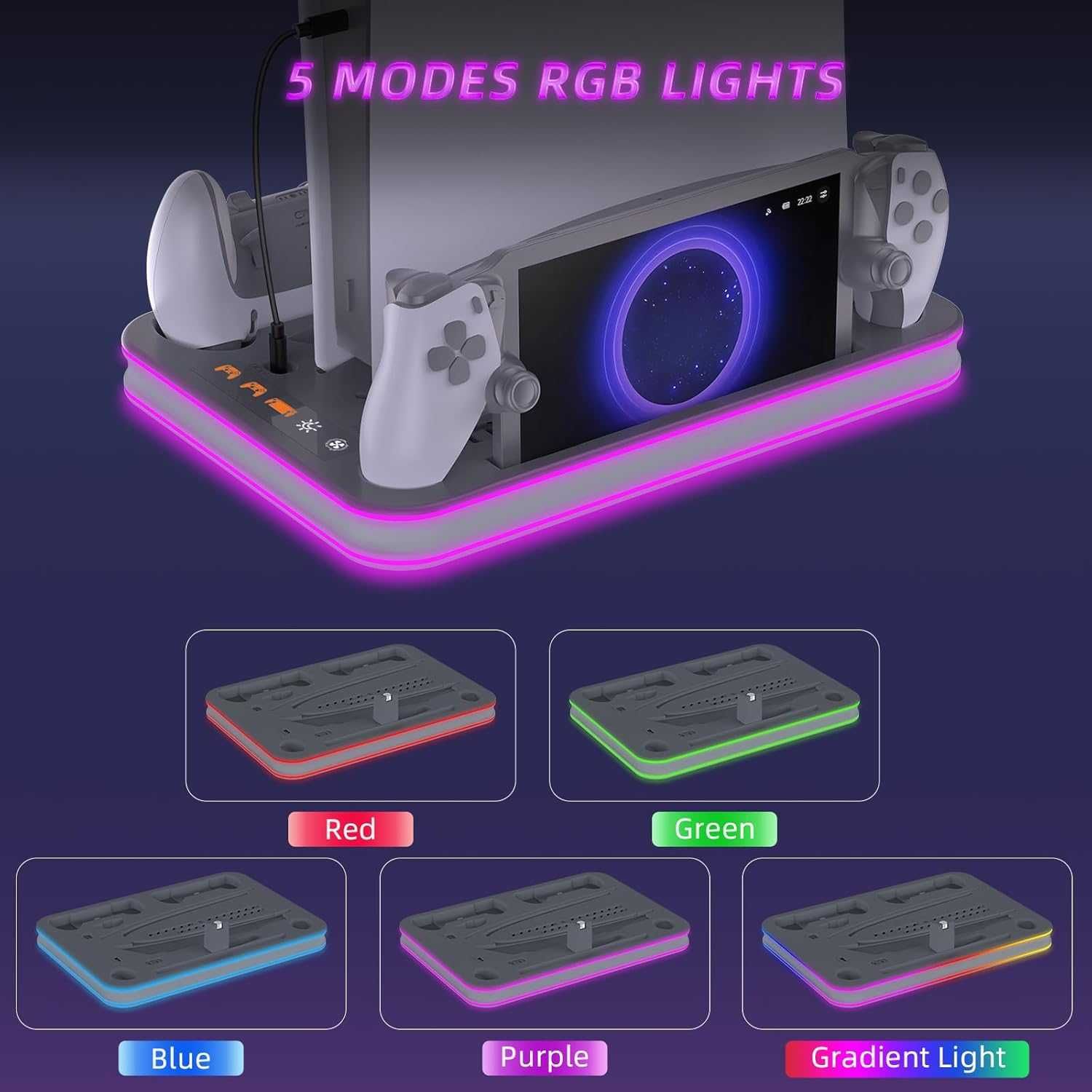 Докинг станция охлаждаща за PS5, RGB LED, стойка за слушалки, сива