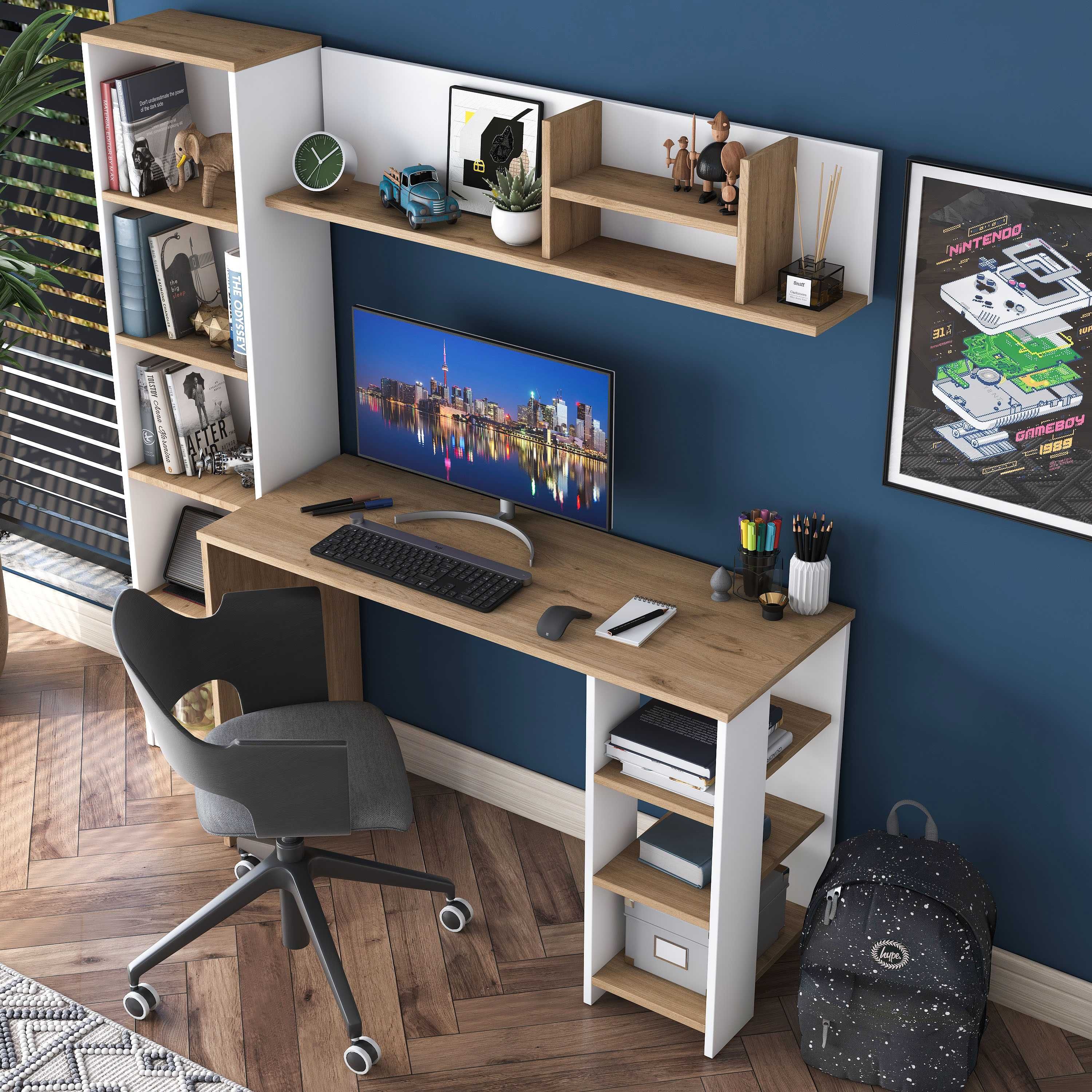 Бюро Puzzle-home 3428, Бял-натурален, ПДЧ, Бърза доставка