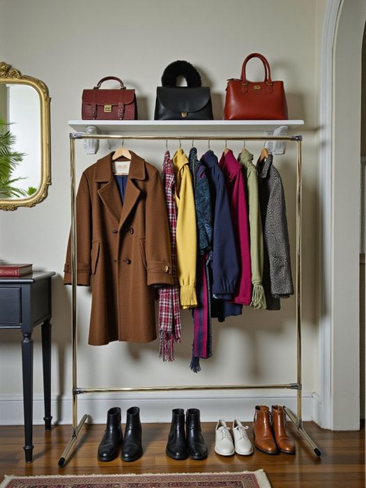 Вешалка в прихожую, рейл золотой, напольная вешалка