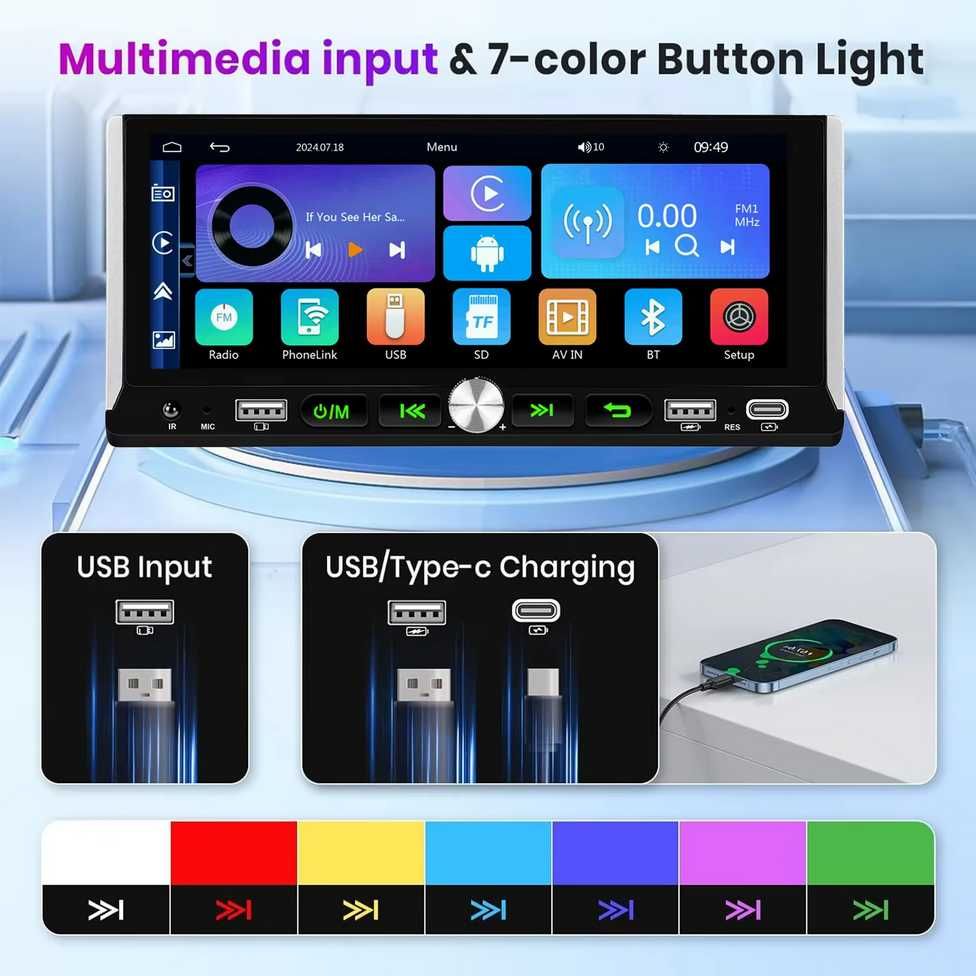 6.86” 1280*480 1-Din мултимедия с Android 15, RDS, RAM 4GB, 32GB ROM