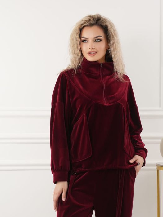 Женский повседневный велюровый костюм, винный красный, размер 44-52