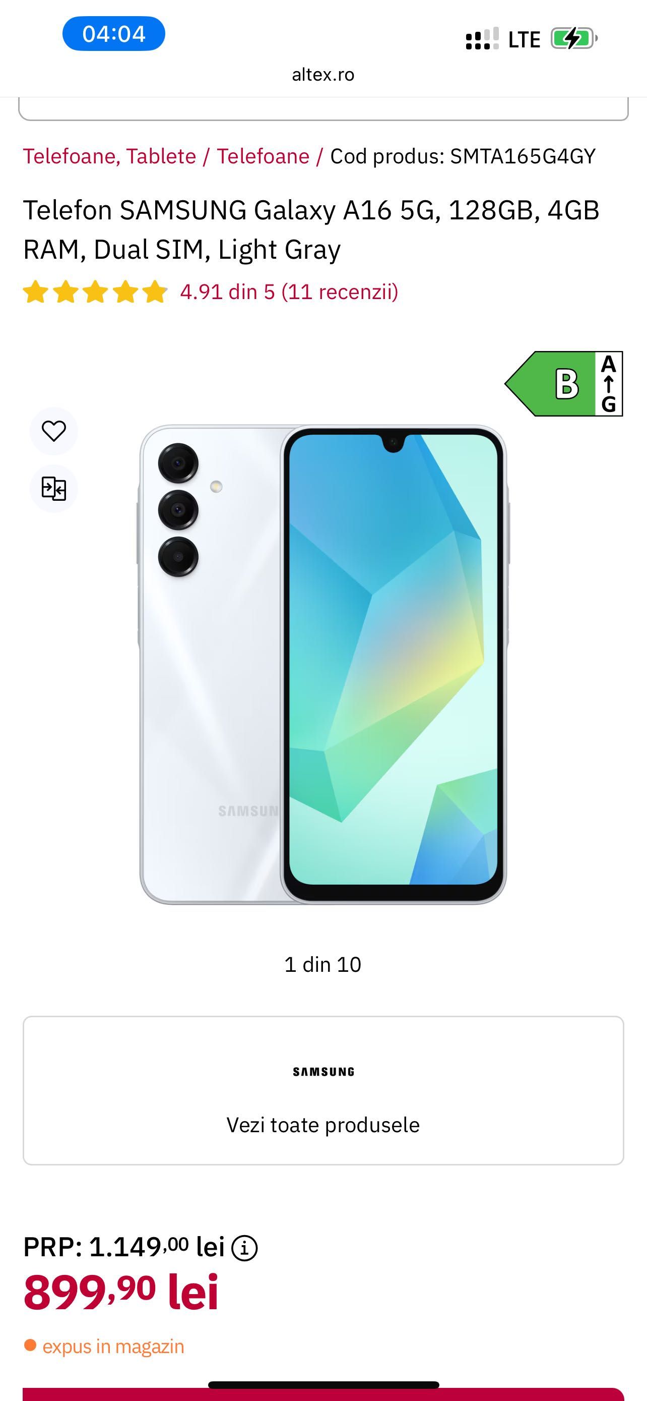 Telefon SAMSUNG Galaxy A16 5G, 128GB, 4GB RAM, Dual SIM, Light Gray