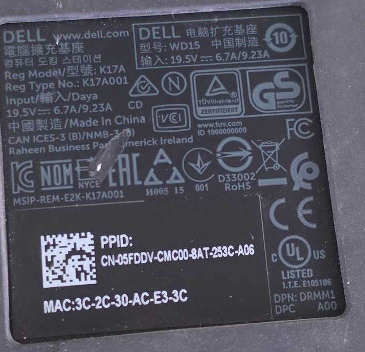 Docking Station DELL WD15 USB-C K17A 001 Thunderbolt 3