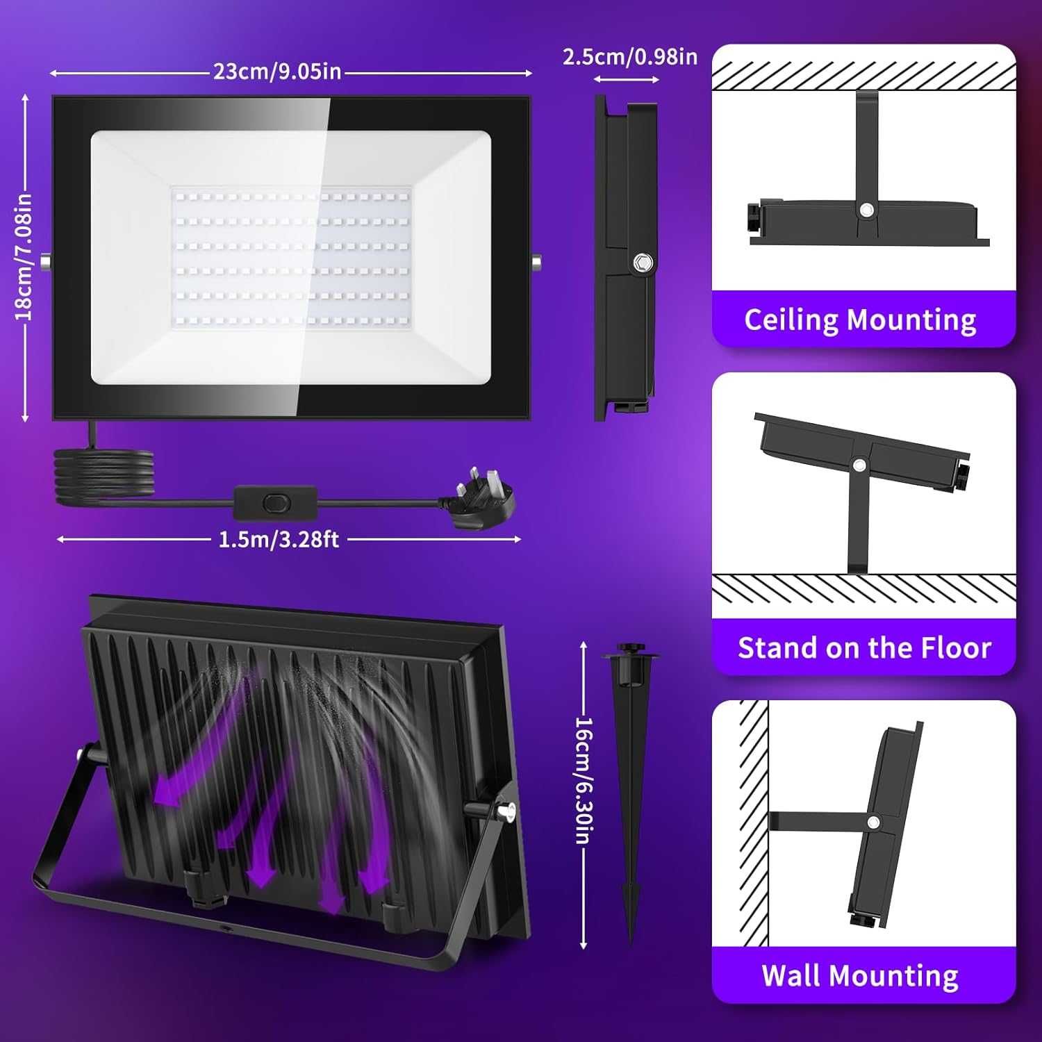 Lightasea LED 100W UV черна светлина, ултравиолетова, 385-400nm, IP66