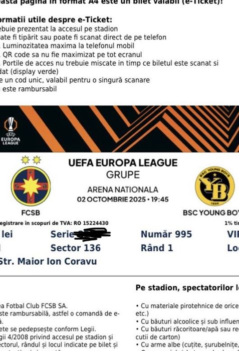 Vand 2 bilete la meci fcsb young boys vip 1