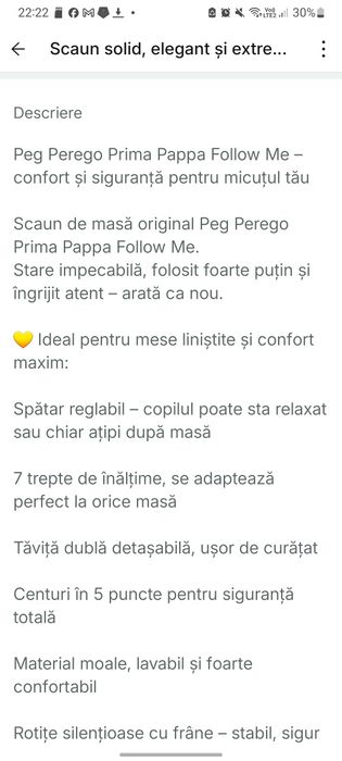 Scaun aproape nou, Peg Perego