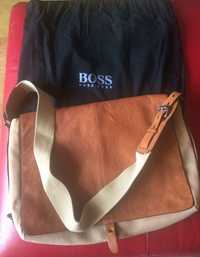 HUGO BOSS оригинална куриерска чанта естествена кожа и плат.