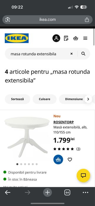 Masă extensibilă IKEA Rosentorp + 4 scaune JYSK Adslev – 1200 lei