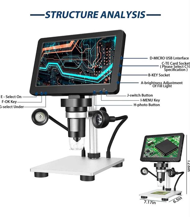 Професионален 7" 1200x 12MP цифров микроскоп с HD въртящ се екран