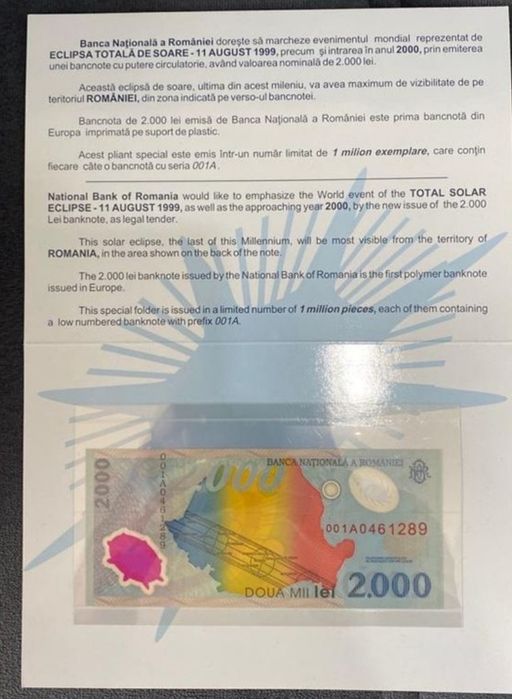 Bancnotă aniversară eclipsă SERIA 001A an 1999 2000 de lei