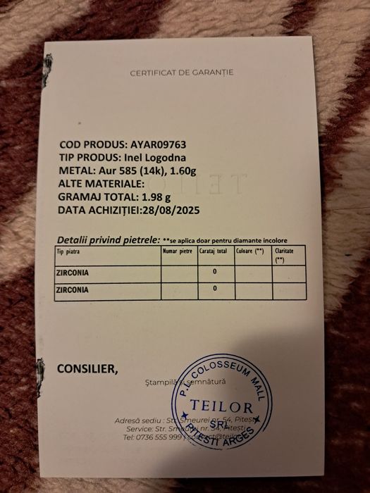 Inel Teilor- pret magazin 1600- dețin bon certificat absolut tot