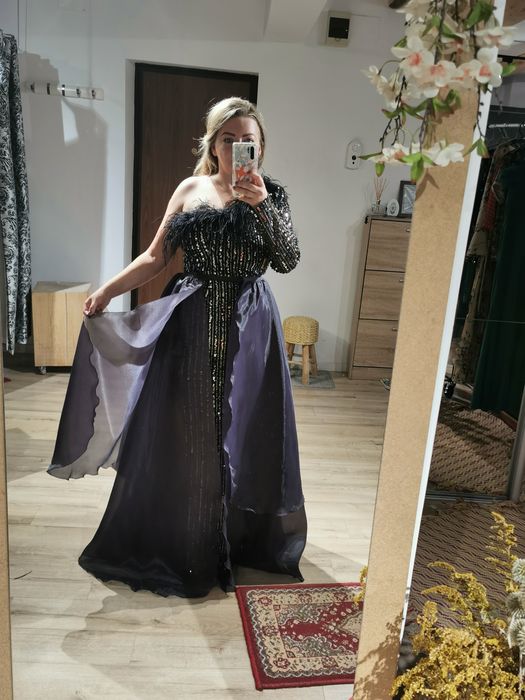 Fusta/trena detasabila din organza - gri antracit