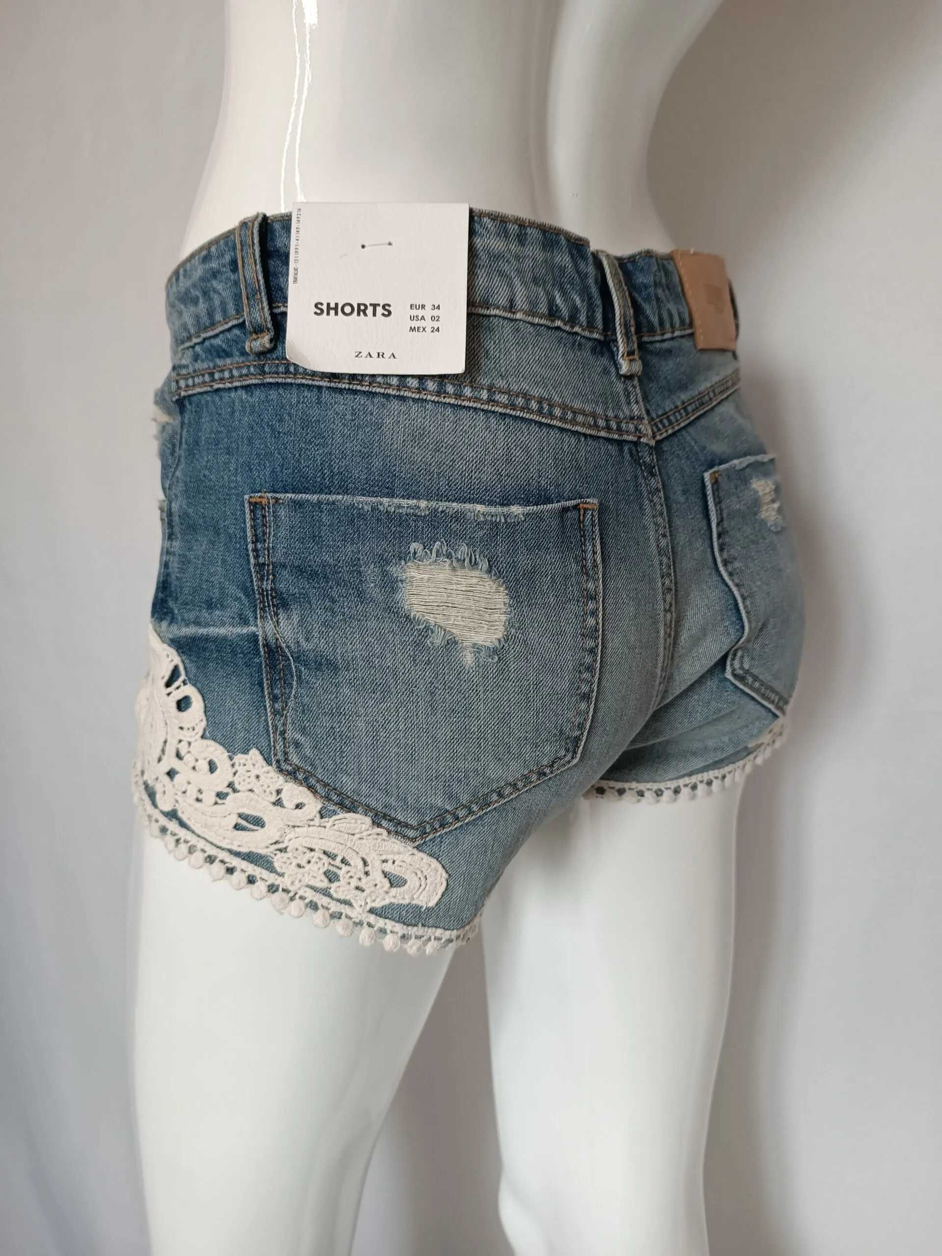 Pantaloni blugi scurți din denim Zara, cu aplicații din dantelă