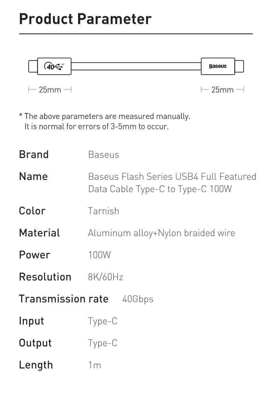 Baseus USB4 Type-C to Type-C PD100W 40Gbps 8K-60Hz for MacBook & iPad