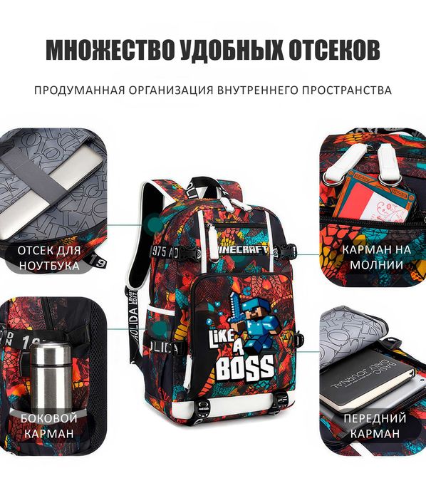 Школьный рюкзак Minecraft, анатомическая спинка, вентиляция