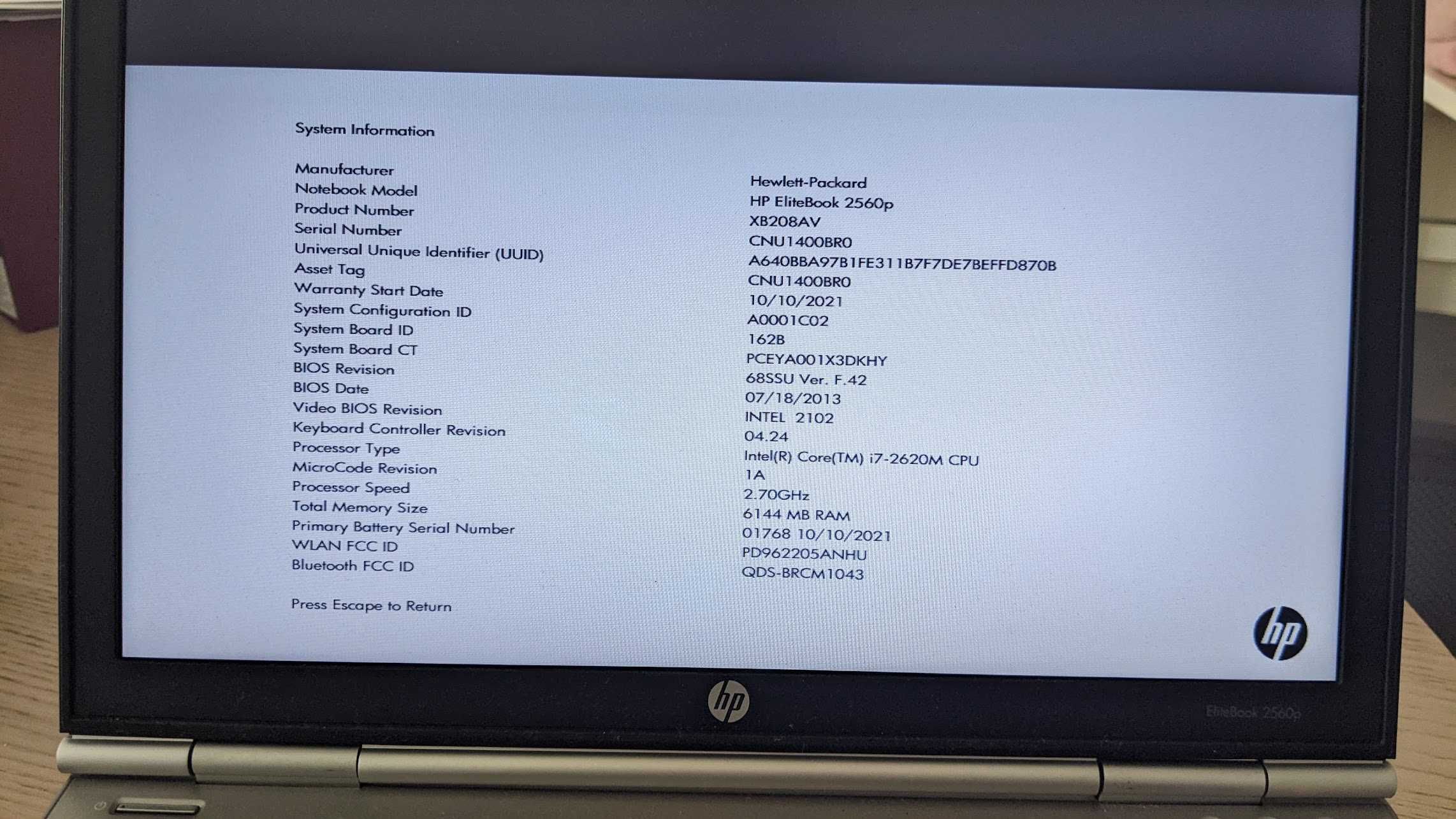 HP Elitebook 2560p - i7 / 6Gb Ram / 1 TB SSD