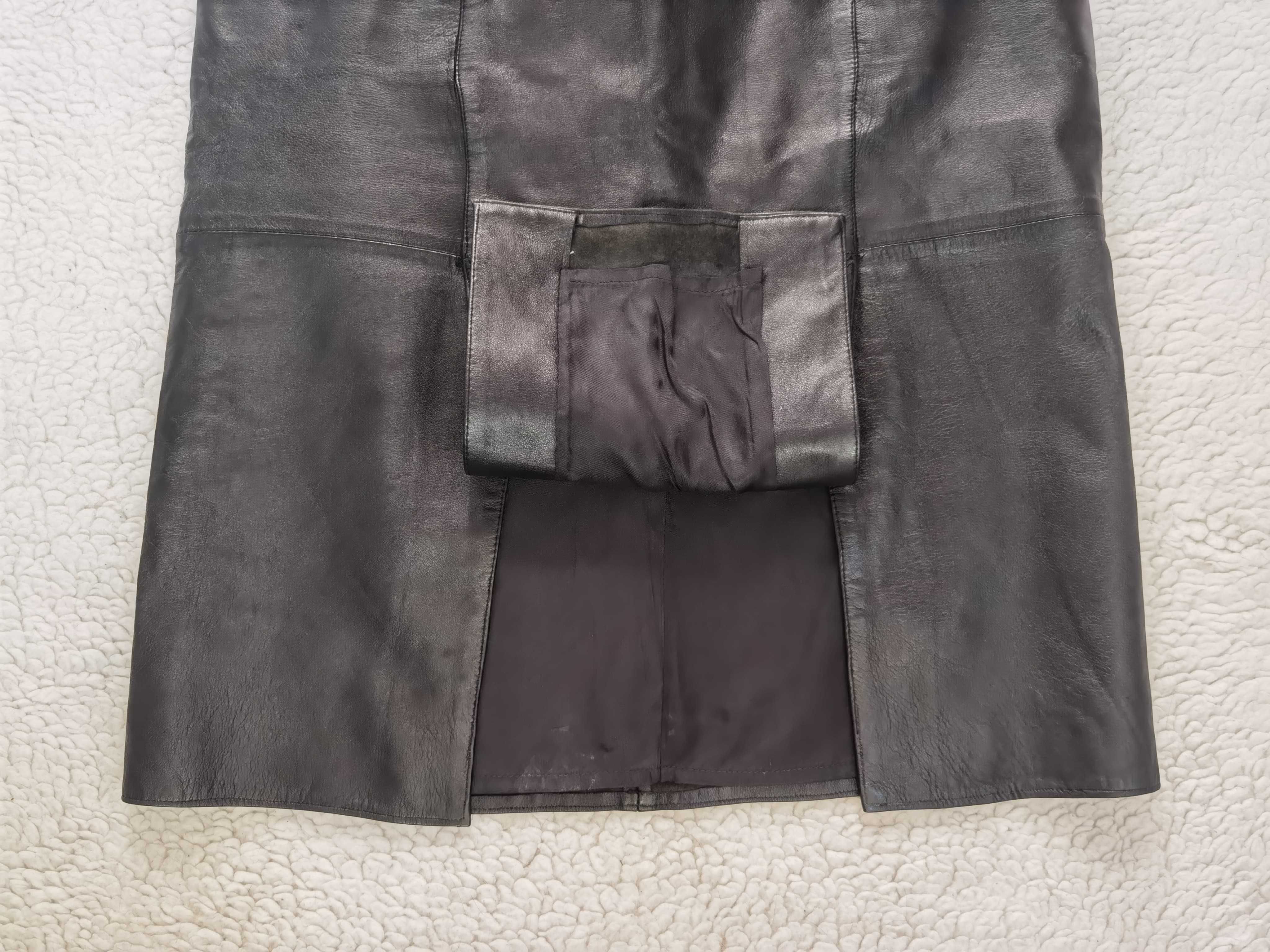 Fusta piele naturala neagra fina 2 buzunare crapaturi fata vintage