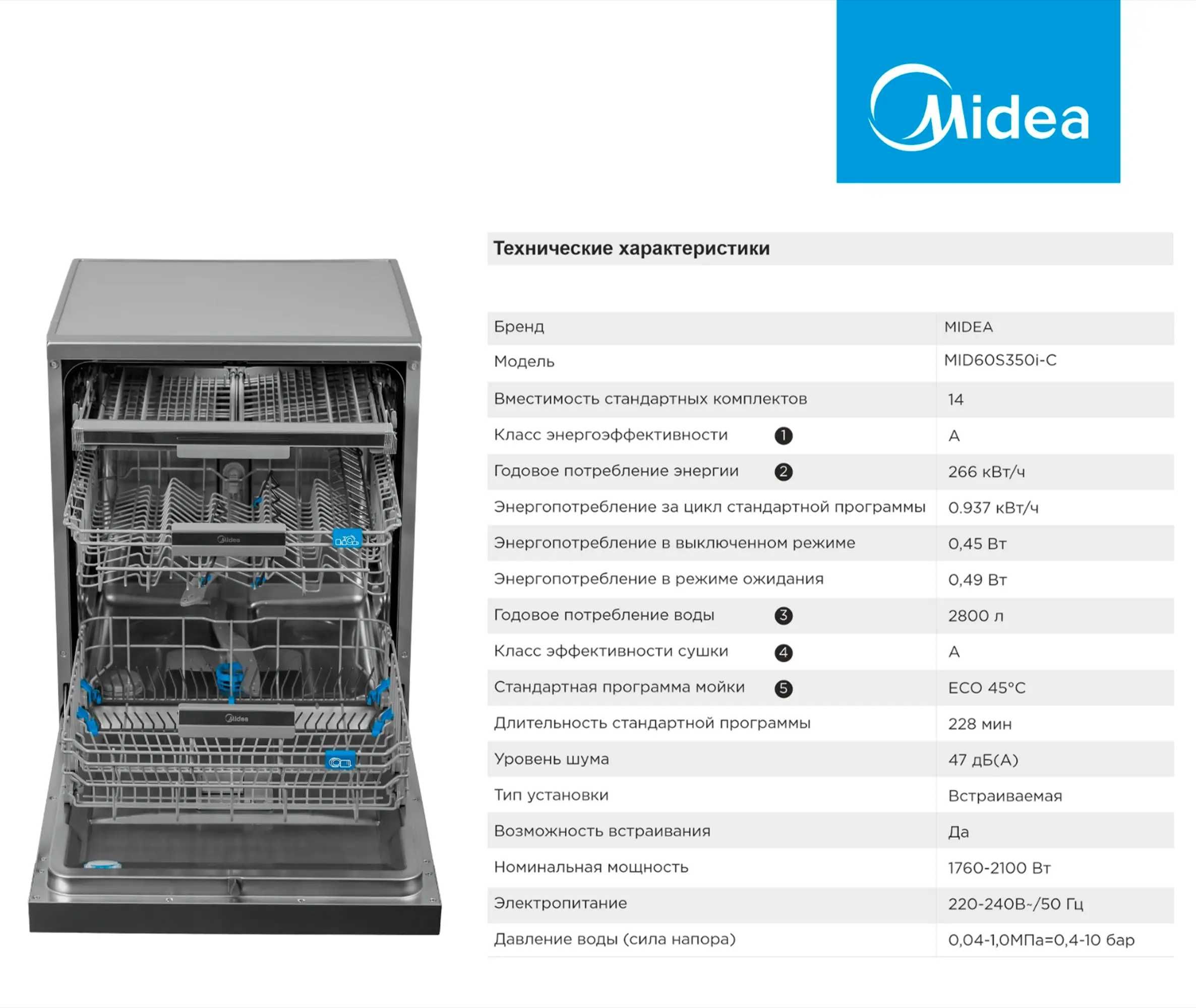 Посудомойка Midea 60S350 SI-C, гарантия 3 года, доставка бесплатно.
