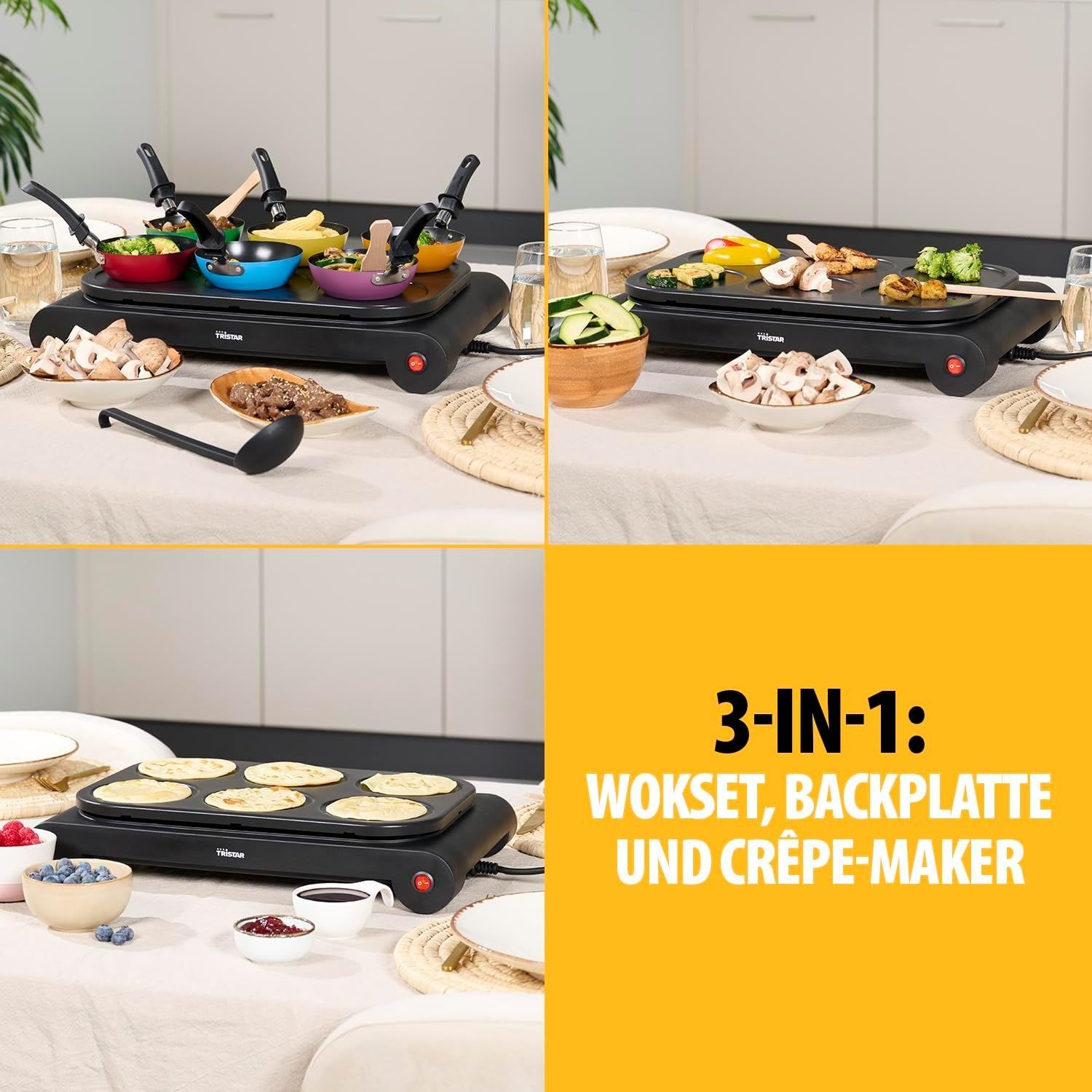 Set wok Tristar BP-2827, Plita, 1000 W, 40 x 27.5 cm, 6 Tigai colorate