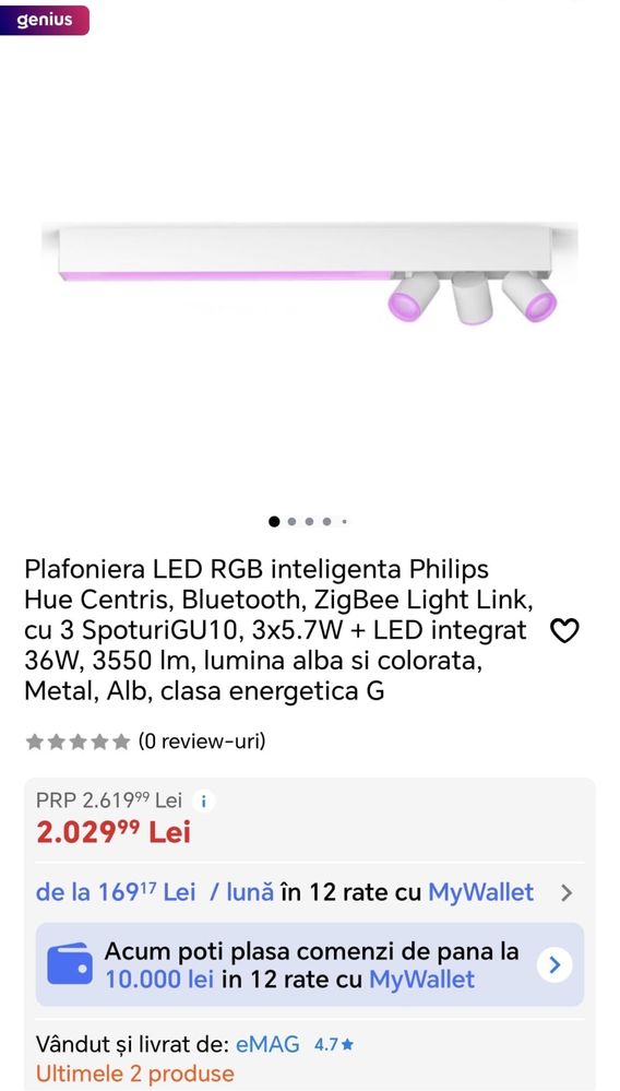 MDM vinde: Plafoniera RGB Philips Hue Centris, White.