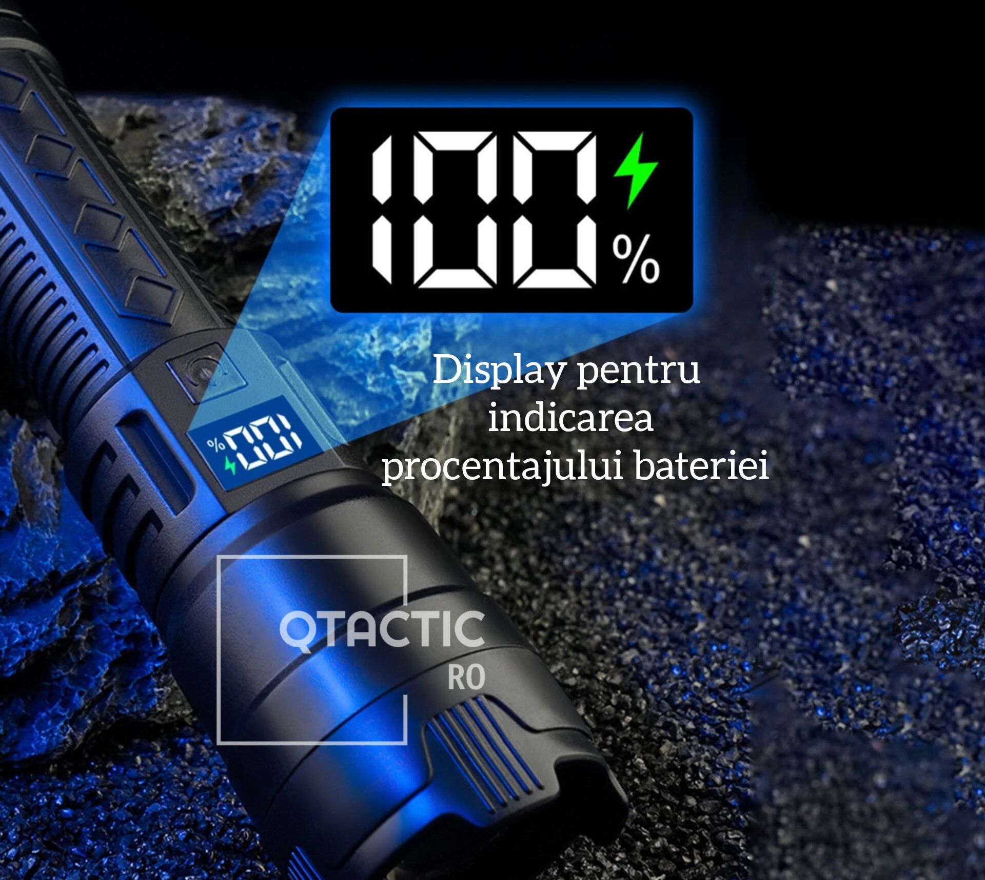 Lanternă LED Puternică cu Zoom, Afișaj Digital și Încărcare USB Type-C