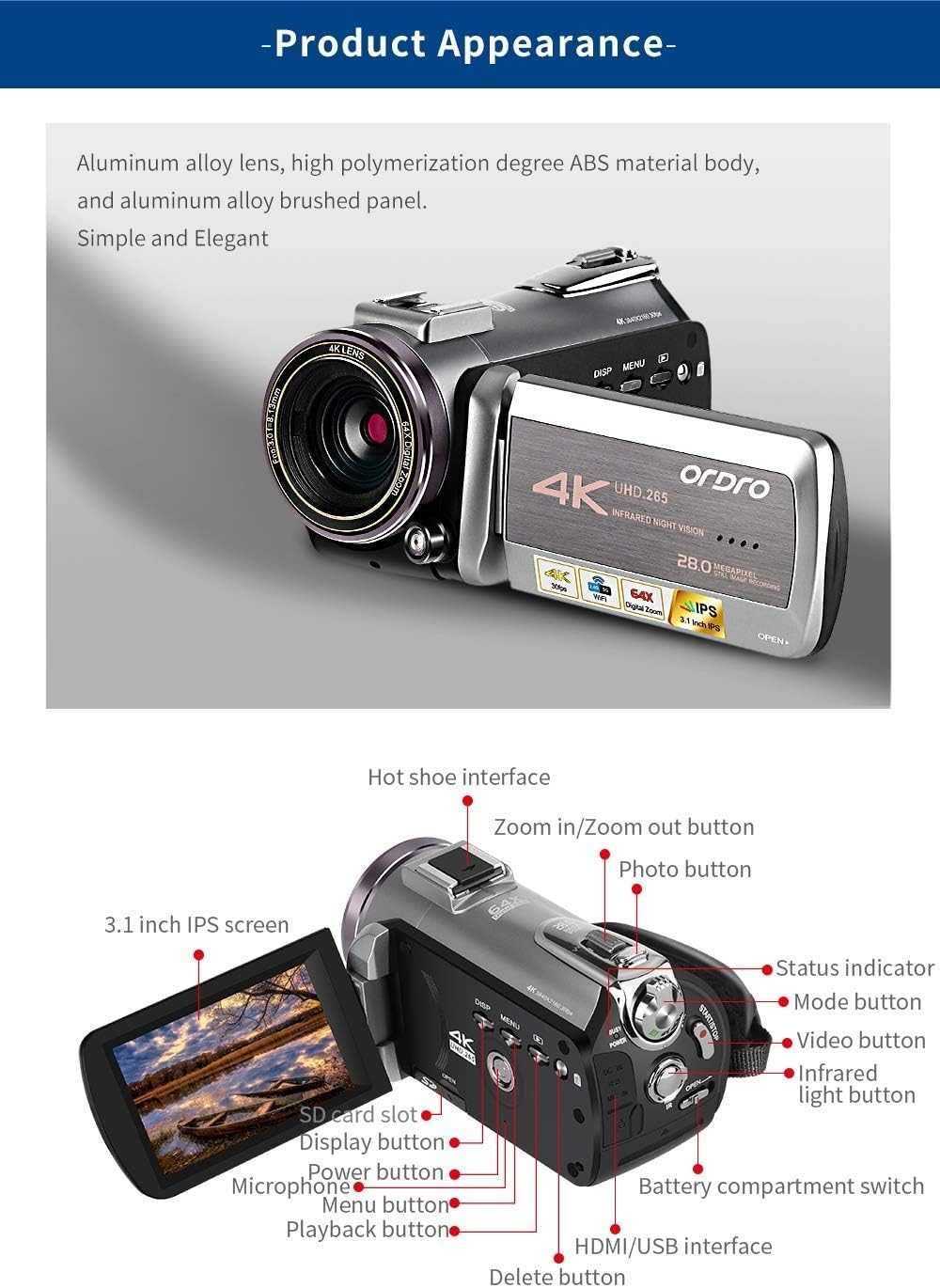 >NOUA< Camera video/camcorder ORDRO AZ50 4K + set accesorii complete