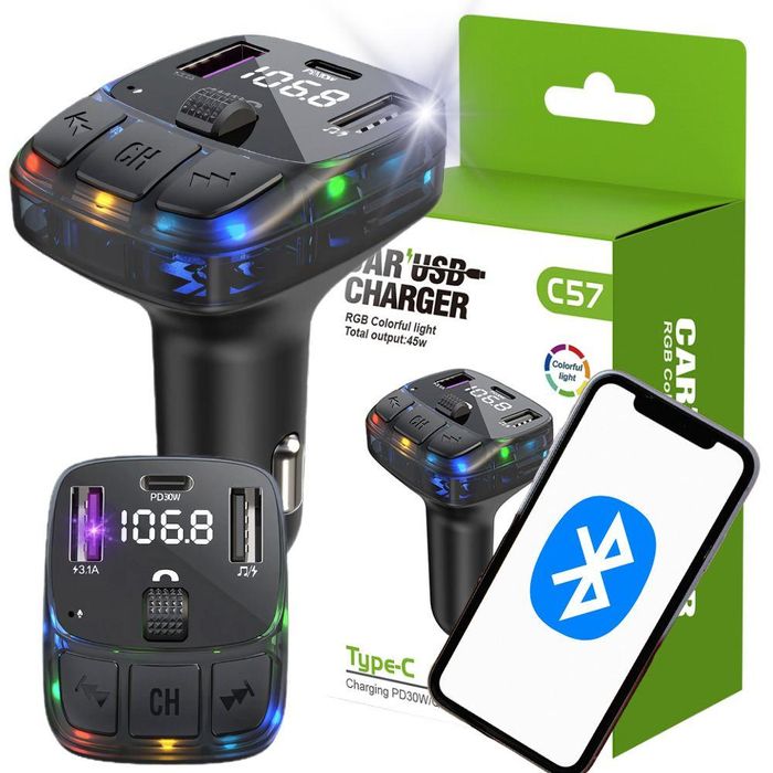 Fm трансмитер c57 pd fm mp3/wma , usb type-c + 2 usb , bluetooth ...