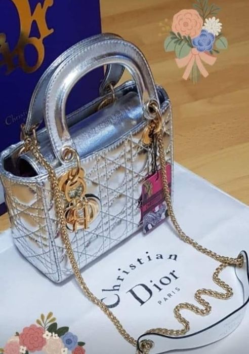 Geanta silver dama, model Lady, accesorii metalice, saculet, etichetă