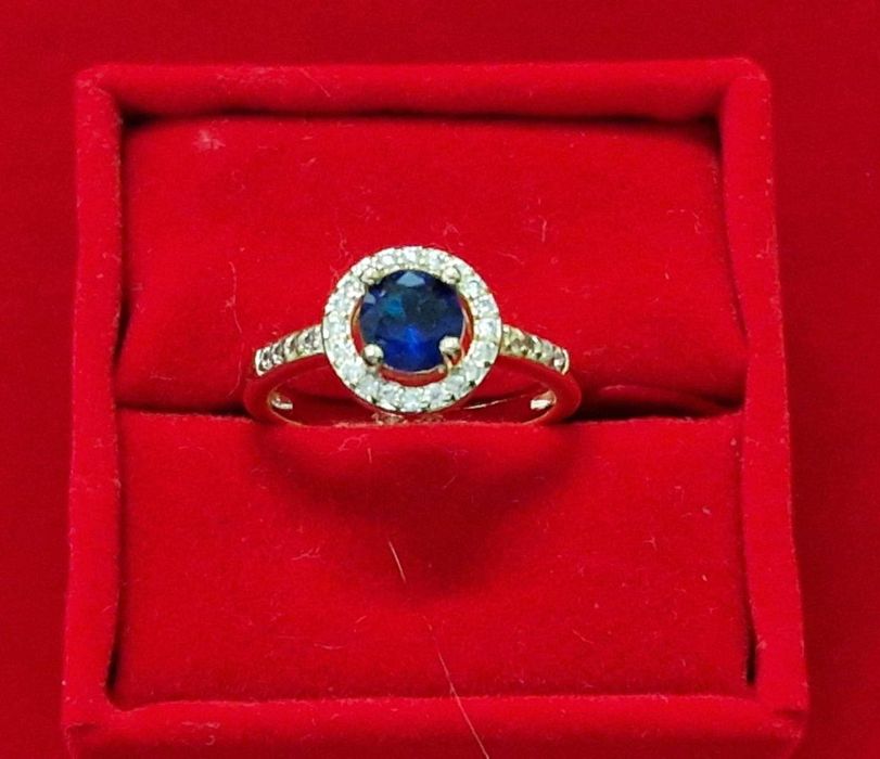 GR32,inel placat aur 18k, zirconiu alb/safir, deosebit,nou/marcat
